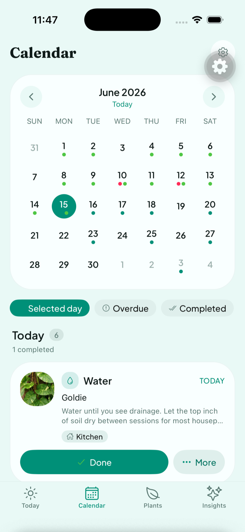 LeafCue calendar with the month grid and the day’s tasks