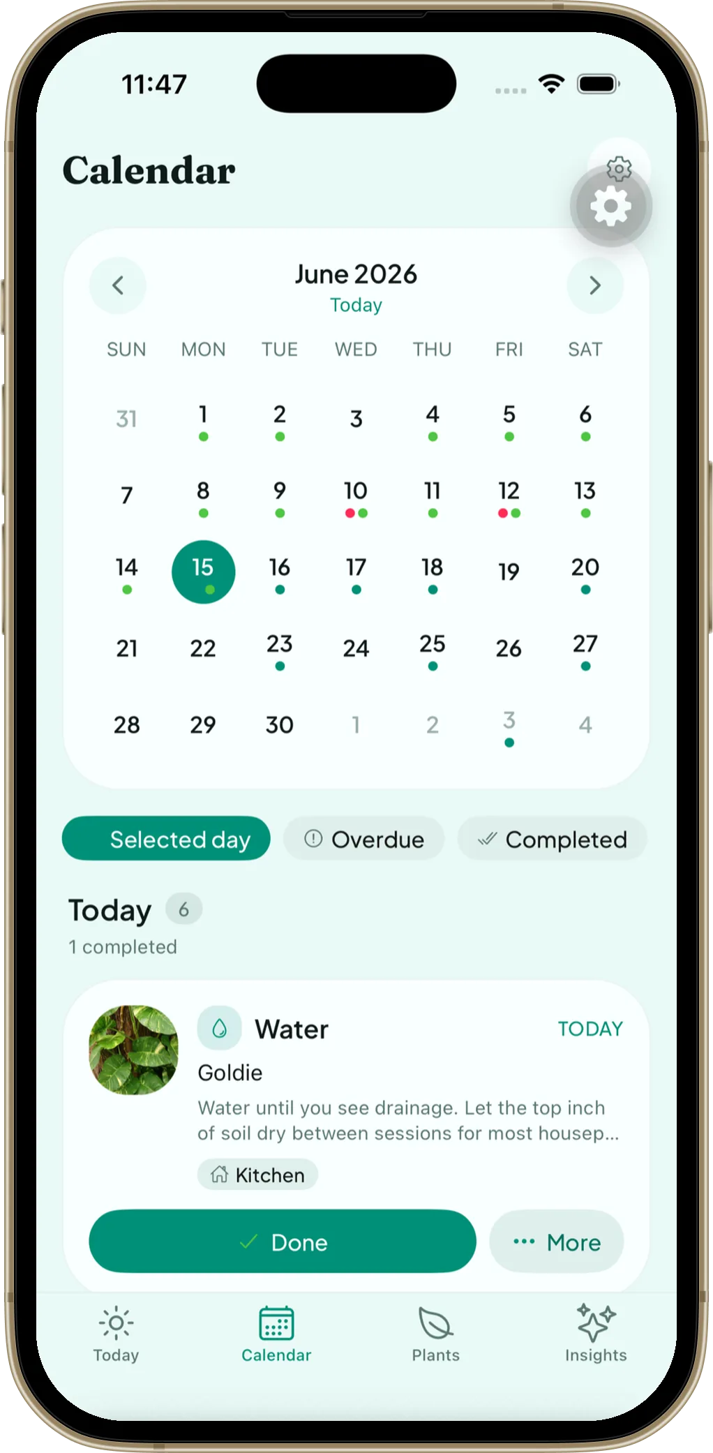 LeafCue calendar with the month grid and the day’s tasks