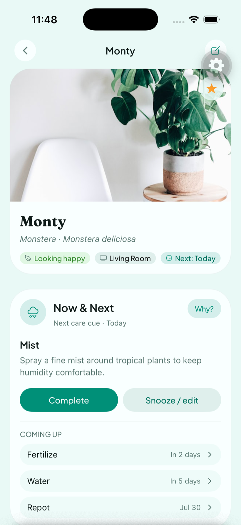 LeafCue plant detail showing the next care cue and care plan