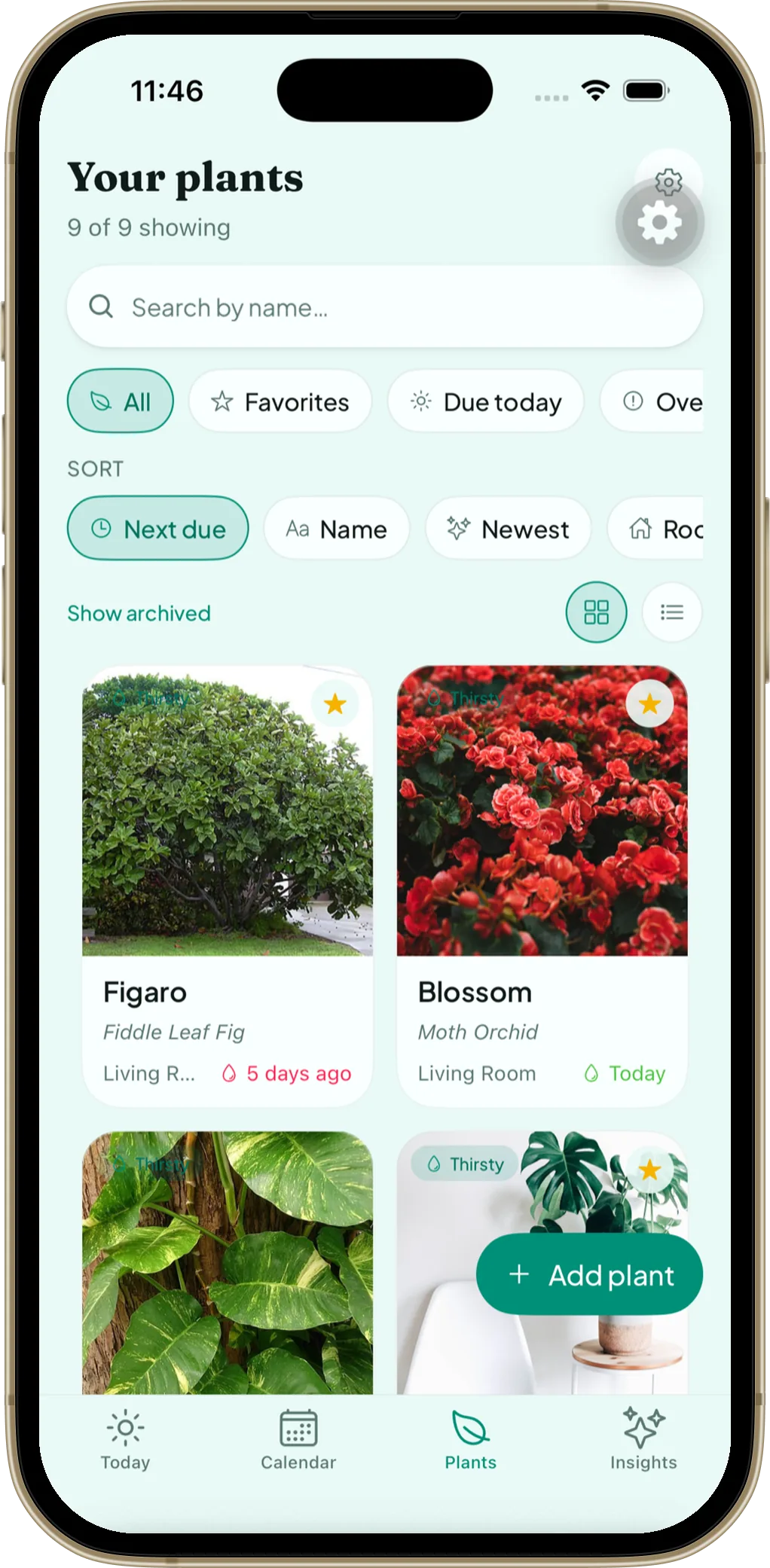 LeafCue plant library showing a grid of plants with photos