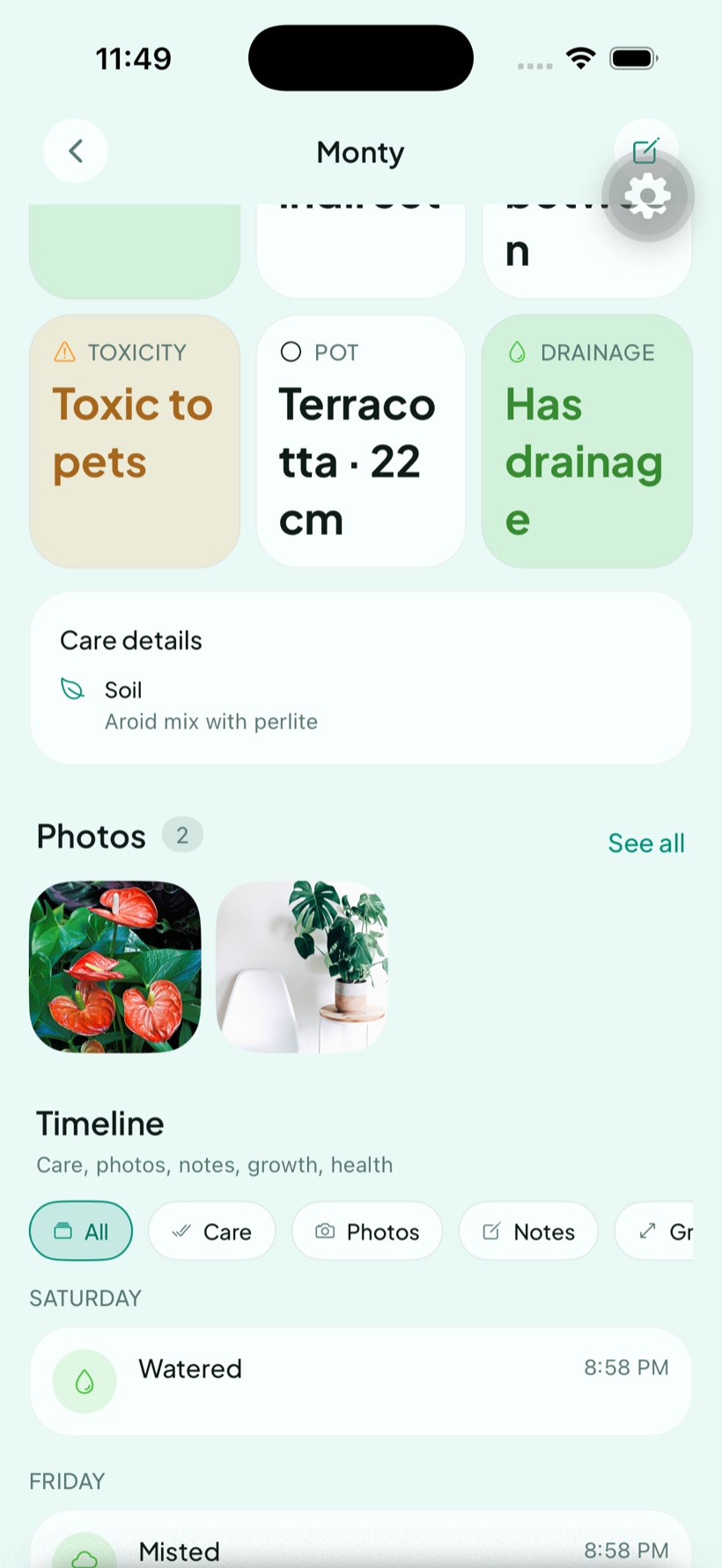 LeafCue plant timeline with photos, growth and journal entries