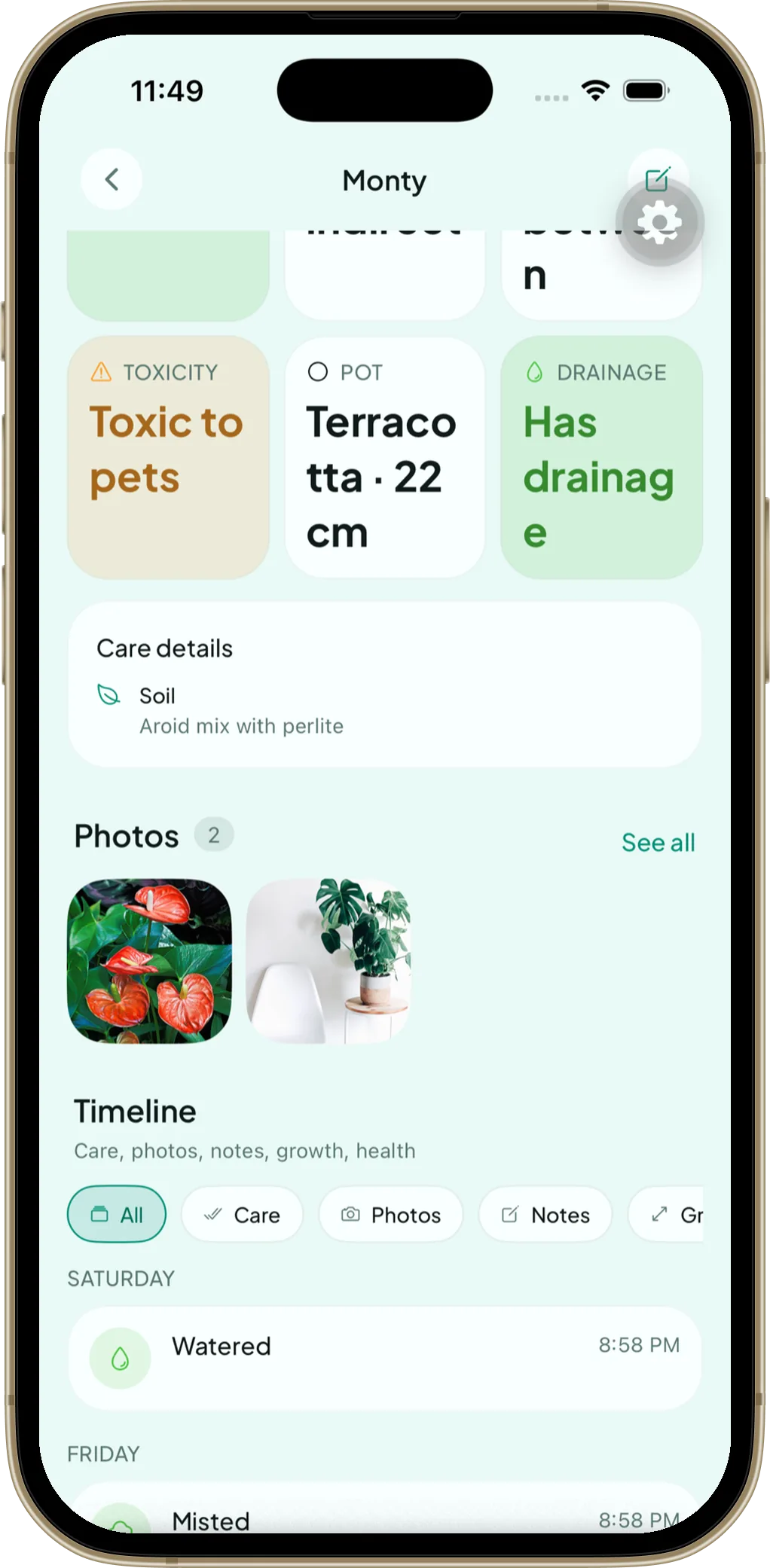 LeafCue plant timeline with photos, growth and journal entries